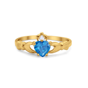 Irish Claddagh Heart Promise Ring Yellow Tone, Simulated Blue Topaz CZ 925 Sterling Silver